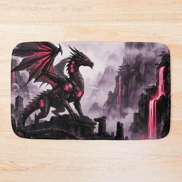Item preview, Cyberpunk Red Mecha Dragon Mountain Waterfall Art designed and sold by Osmose-Studio.