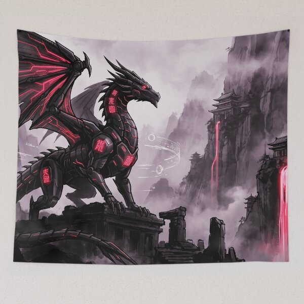 Item preview, Cyberpunk Red Mecha Dragon Mountain Waterfall Art designed and sold by Osmose-Studio.