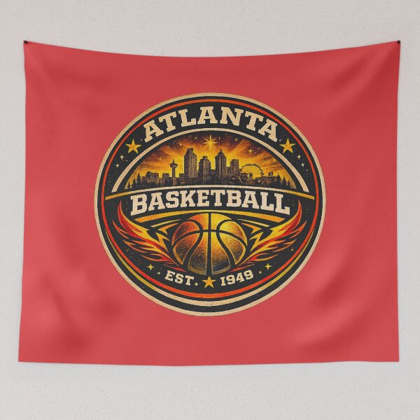 Item preview, Atlanta Basketball Vintage Badge Shirt – Red Gold Retro Hoops Tee – Skyline Basketball Design designed and sold by TKOprintdesigns.