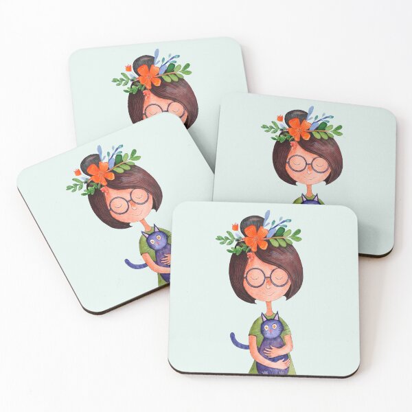 Item preview, Cute Girl with Topknot Bun and Cat Floral Watercolor designed and sold by MoonOpuluna.