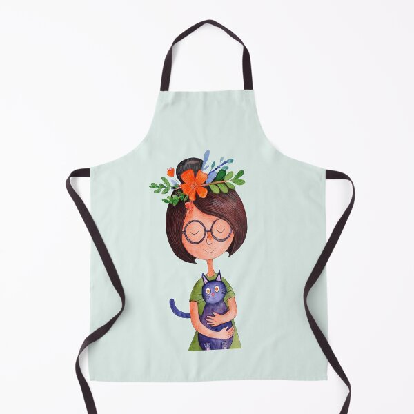 Item preview, Cute Girl with Topknot Bun and Cat Floral Watercolor designed and sold by MoonOpuluna.