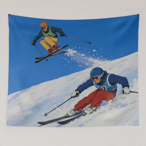 Item preview, Slope Rivals – Retro Ski Action Poster designed and sold by  Hollow Moon Studios..