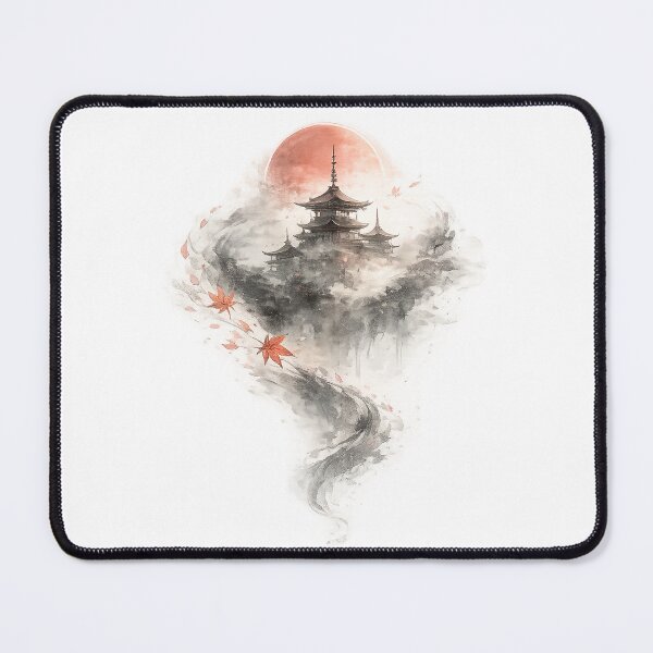 Item preview, Lost in the Mist — Japanese Pagoda Autumn Ink Art designed and sold by Cyber Kitsune.