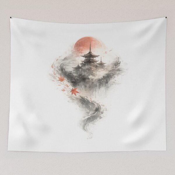 Item preview, Lost in the Mist — Japanese Pagoda Autumn Ink Art designed and sold by Cyber Kitsune.