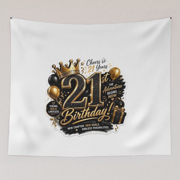 Item preview, Cheers to 21 Years – Black & Gold Adventure Begins Sticker Print designed and sold by RetroSystemCo.