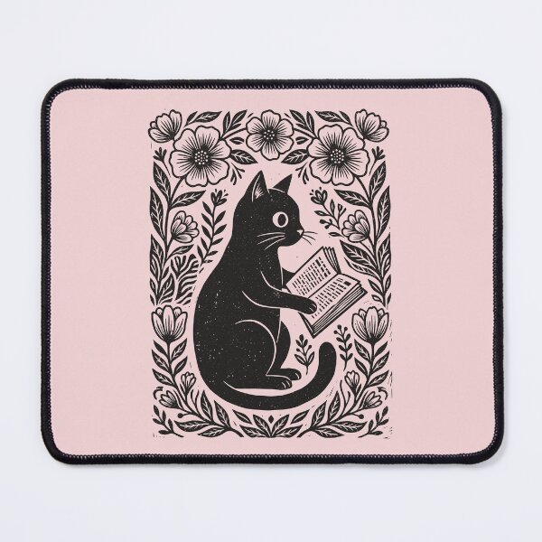 Item preview, Black Cat Bookworm Linocut Witchy Floral Feline designed and sold by Y-Vibes.