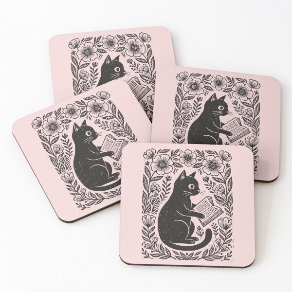 Item preview, Black Cat Bookworm Linocut Witchy Floral Feline    designed and sold by Y-Vibes.