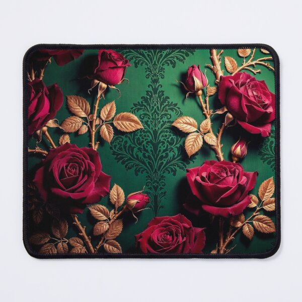 Item preview, Deep Red Roses on Green Damask designed and sold by IntelliMindDesigns.