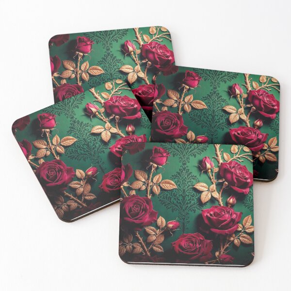 Item preview, Deep Red Roses on Green Damask designed and sold by IntelliMindDesigns.