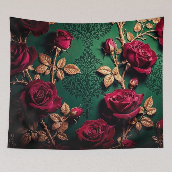Item preview, Deep Red Roses on Green Damask designed and sold by IntelliMindDesigns.