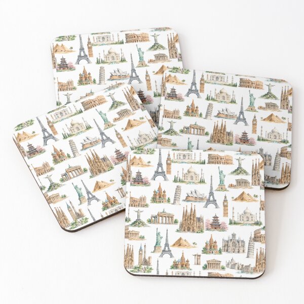 Item preview, World Landmarks Mini Icon Watercolor Seamless Pattern designed and sold by Inkworksbyshery.