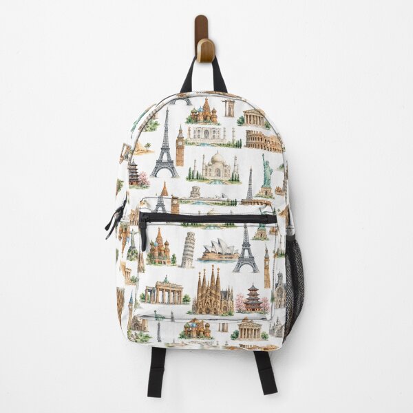 Item preview, World Landmarks Mini Icon Watercolor Seamless Pattern designed and sold by Inkworksbyshery.
