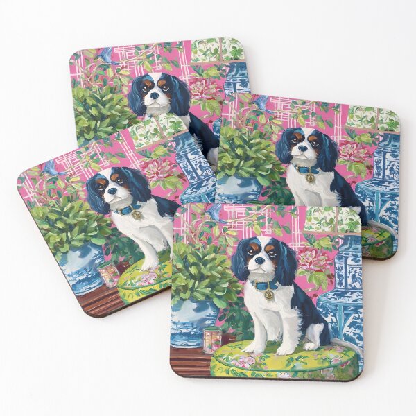 Item preview, Grandmillennial art, King Charles Spaniel in pink and green chinoiserie room designed and sold by SophieClimaArt.