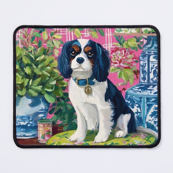 Item preview, Grandmillennial art, King Charles Spaniel in pink and green chinoiserie room designed and sold by SophieClimaArt.