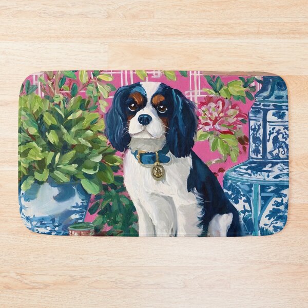Item preview, Grandmillennial art, King Charles Spaniel in pink and green chinoiserie room designed and sold by SophieClimaArt.