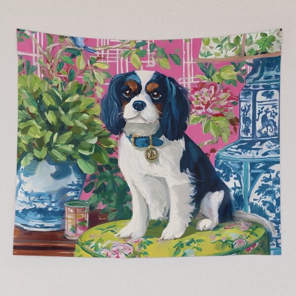 Item preview, Grandmillennial art, King Charles Spaniel in pink and green chinoiserie room designed and sold by SophieClimaArt.