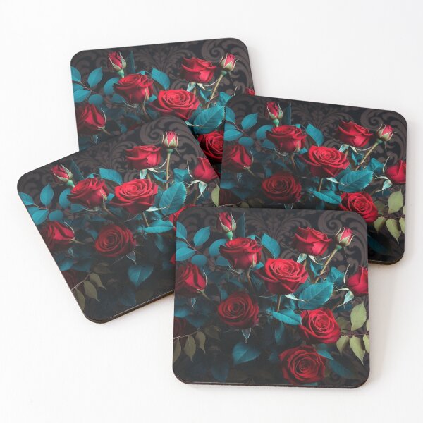 Item preview, Red Roses with Teal Leaves on Dark designed and sold by IntelliMindDesigns.