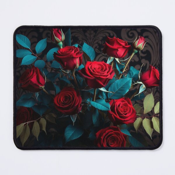 Item preview, Red Roses with Teal Leaves on Dark designed and sold by IntelliMindDesigns.