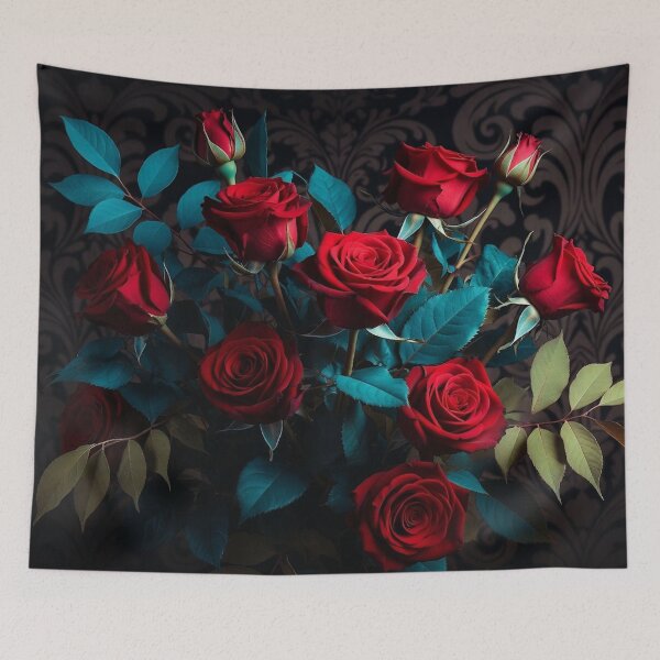 Item preview, Red Roses with Teal Leaves on Dark designed and sold by IntelliMindDesigns.