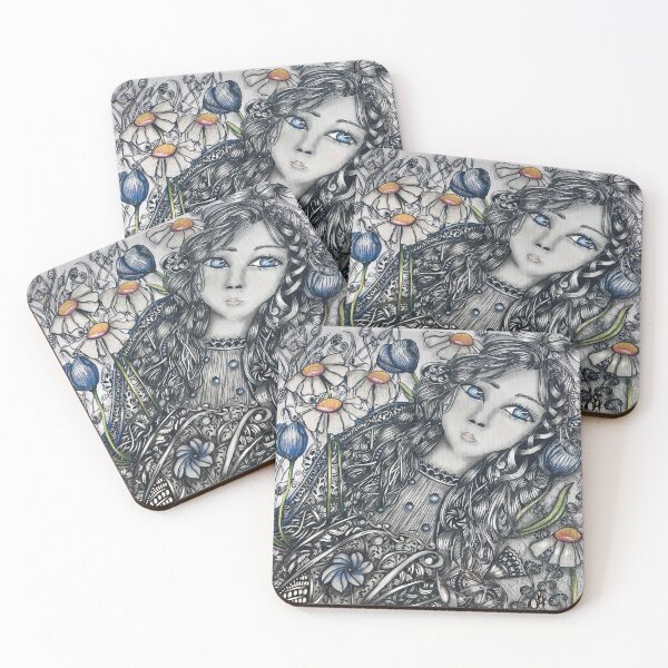 Item preview, Girl with Curly Hair Among Daisies and Bluebells – Zentangle Portrait designed and sold by LorieFossaArt.