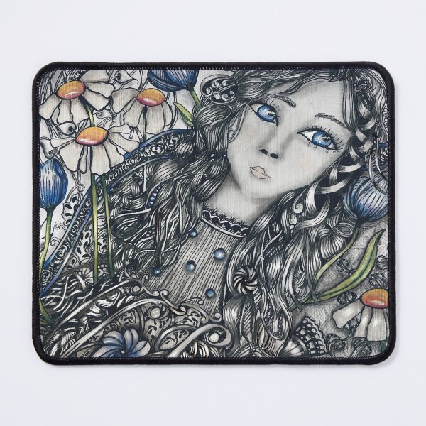 Item preview, Girl with Curly Hair Among Daisies and Bluebells – Zentangle Portrait designed and sold by LorieFossaArt.