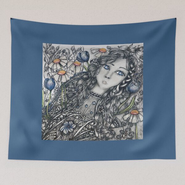 Item preview, Girl with Curly Hair Among Daisies and Bluebells – Zentangle Portrait designed and sold by LorieFossaArt.