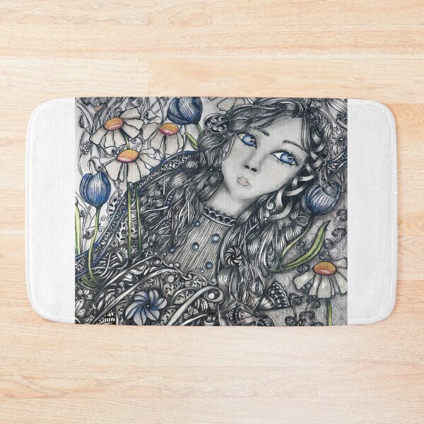 Item preview, Girl with Curly Hair Among Daisies and Bluebells – Zentangle Portrait designed and sold by LorieFossaArt.