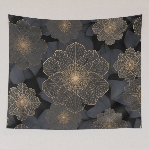 Item preview, Golden Geometric Flowers on Dark Background designed and sold by IntelliMindDesigns.