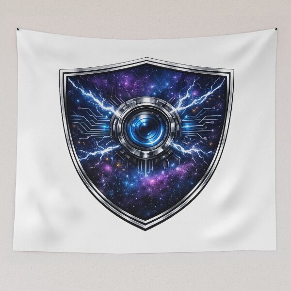 Item preview, Cyberpunk Camera Shield — Neon Galaxy Tech Art | Dark Fantasy Badge designed and sold by ArtoryWorks.