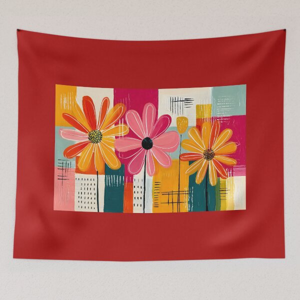 Item preview, Petals in Harmonious Fire - Three Vibrant Blooms Rising Through Geometry and Radiant Color Layers designed and sold by OlfactoART Studio.