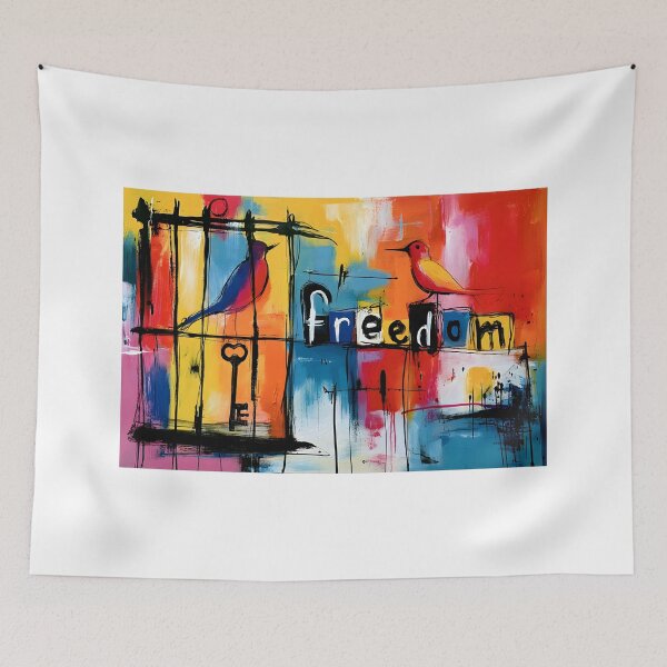 Item preview, Between Captivity and Flight - Symbolic Birds and Freedom Letters in Vibrant Abstract Expression designed and sold by OlfactoART Studio.