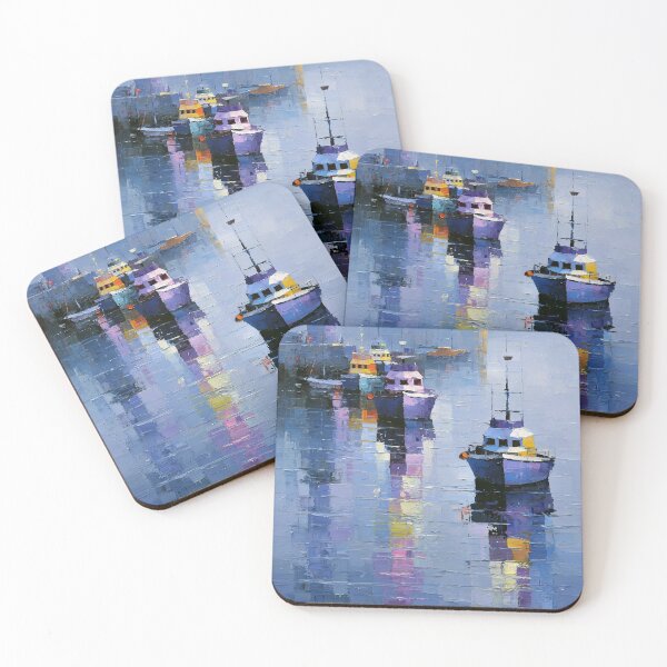 Item preview, Winter Harbor Boats - Cool Blue Impasto Coastal Scene designed and sold by SlowRegardArt.