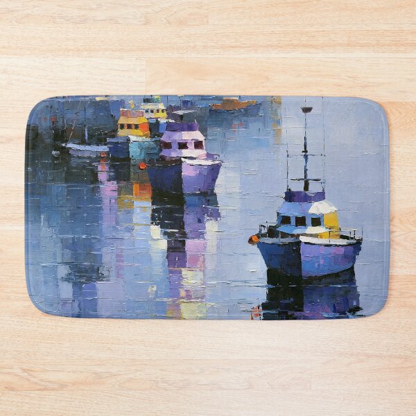 Item preview, Winter Harbor Boats - Cool Blue Impasto Coastal Scene designed and sold by SlowRegardArt.