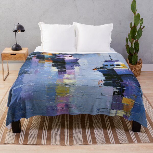 Item preview, Winter Harbor Boats - Cool Blue Impasto Coastal Scene designed and sold by SlowRegardArt.