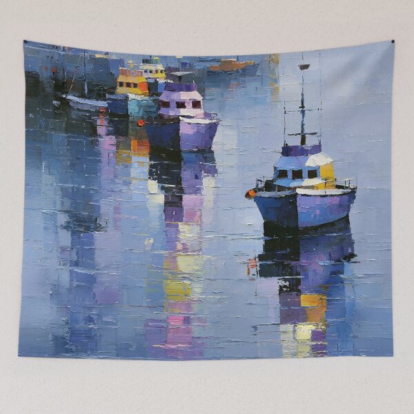 Item preview, Winter Harbor Boats - Cool Blue Impasto Coastal Scene designed and sold by SlowRegardArt.