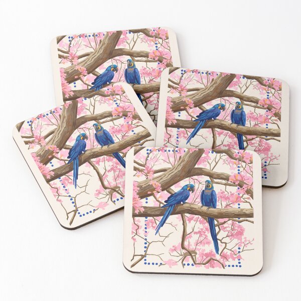 Item preview, Blue Macaws and Pink Flowers Watercolor Art | Tropical Floral Illustration designed and sold by Islabonita..