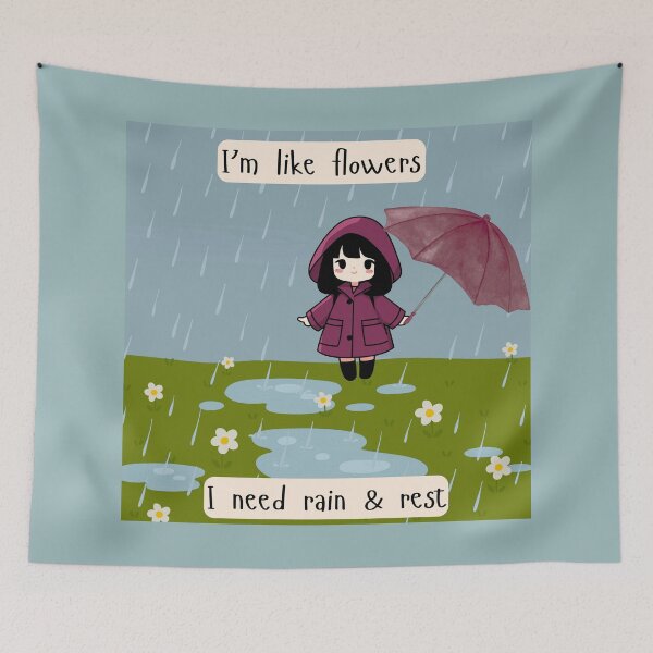 Item preview, Cute Rainy Day Girl Illustration | Flowers Need Rain and Rest Quote | Cozy Mental Health Aesthetic Sticker designed and sold by Art_IN_Design.