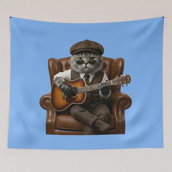 Item preview, Cool Blues Cat Guitarist in Leather Armchair designed and sold by Utopian-Magic.