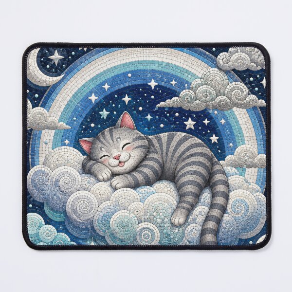 Item preview, Cute Chonky Gray Cat Dreamscape Sleeping on Cloud Mosaic Sky designed and sold by Mindworx21.