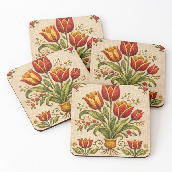 Item preview, Old‑World Folk Embroidery Tulip Print | Vintage Botanical Stitch Art designed and sold by LuxuryApparels.
