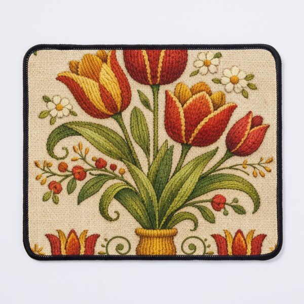 Item preview, Old‑World Folk Embroidery Tulip Print | Vintage Botanical Stitch Art designed and sold by LuxuryApparels.