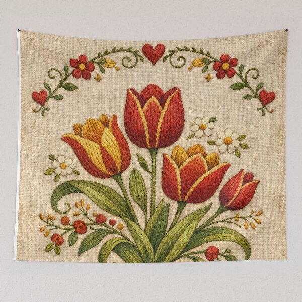 Item preview, Old‑World Folk Embroidery Tulip Print | Vintage Botanical Stitch Art designed and sold by LuxuryApparels.