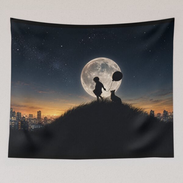 Item preview, Boy and Dog Under the Full Moon – Dreamy Friendship Silhouette Nightscape designed and sold by Extravanganzza.