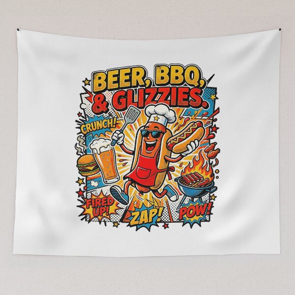 Item preview, Beer BBQ Glizzies Funny Hot Dog Chef Comic Pop Art Cookout Humor  designed and sold by graphixpolash.