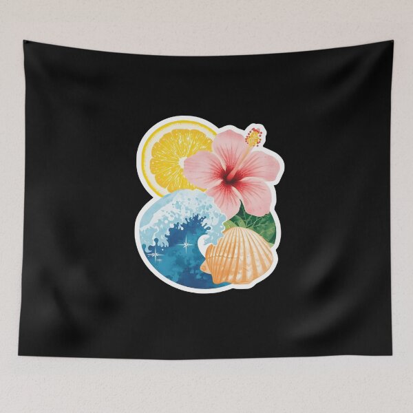 Item preview, Tropical Summer Collage Sticker – Hibiscus Wave Lemon & Seashell designed and sold by FestivityFinds.