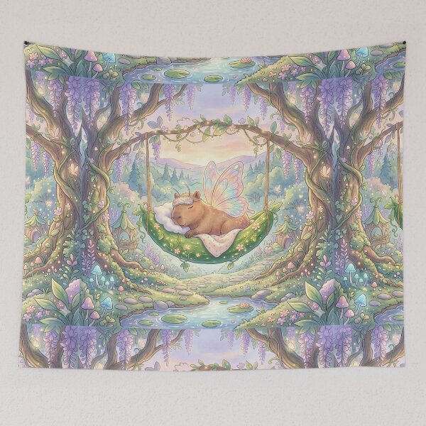 Item preview, Whimsical Capybara Butterfly Sleeping in Cucumber Hammock designed and sold by Faeblehoarder.