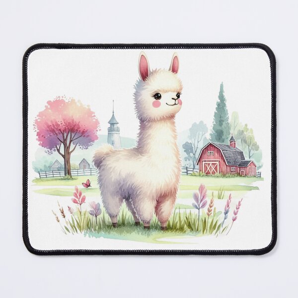 Item preview, Cute Fluffy Llama Farm Scene Watercolor Illustration designed and sold by LunaPixelStudio.