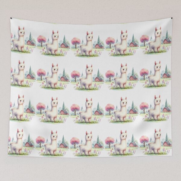 Item preview, Cute Fluffy Llama Farm Scene Watercolor Illustration designed and sold by LunaPixelStudio.