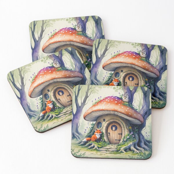 Item preview, Enchanted Mushroom Cottage with Fox and Owl - Fairytale Forest Watercolor Art Print designed and sold by NuniDesigns.