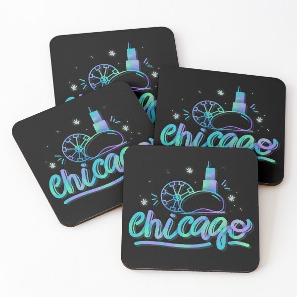 Item preview, Chicago City Neon Bean Skyline Ferris Wheel Holographic Script Art designed and sold by DERA RAY.